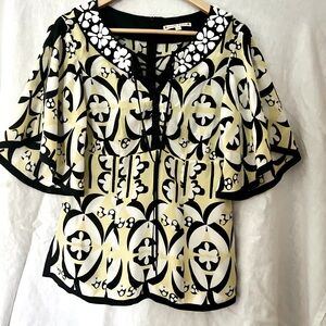Nanette Lepore flutter-sleeve, lace-up, embellished, black/white/yellow blouse